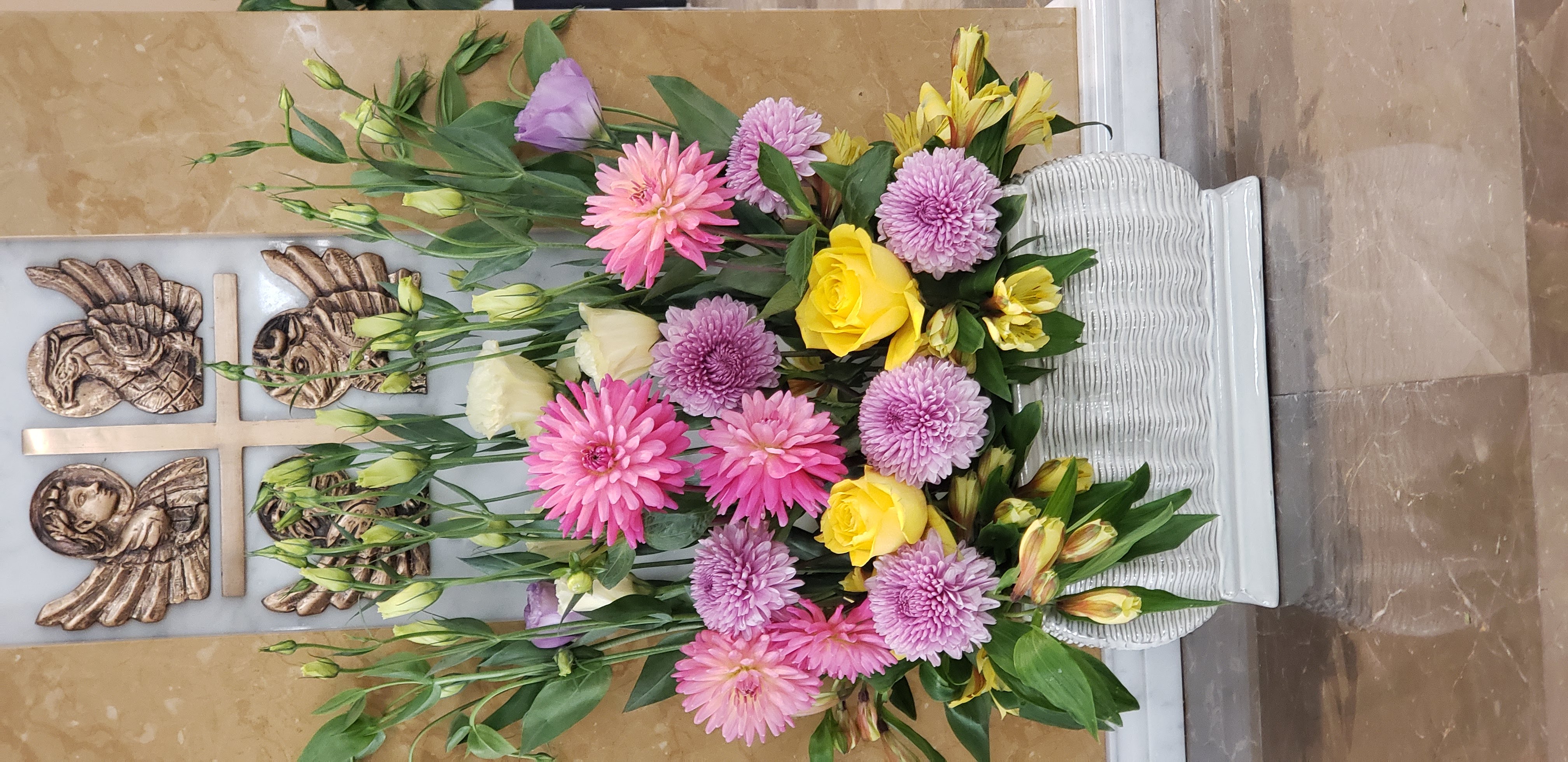 Pink Dahlias,Lavender-Purple Pom Pom Mums, Yellow Roses, Cream Lisianthus (Eustoma), Light Purple Lisianthus, Yellow Alstroemeria (Peruvian Lily)